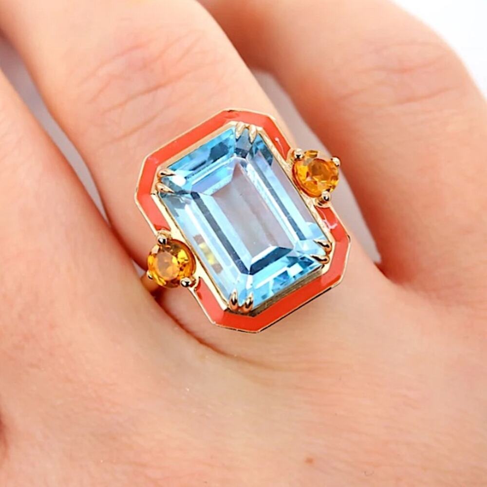 Gold Art Deco Blue Topaz Enamel Citrine Accent Stones